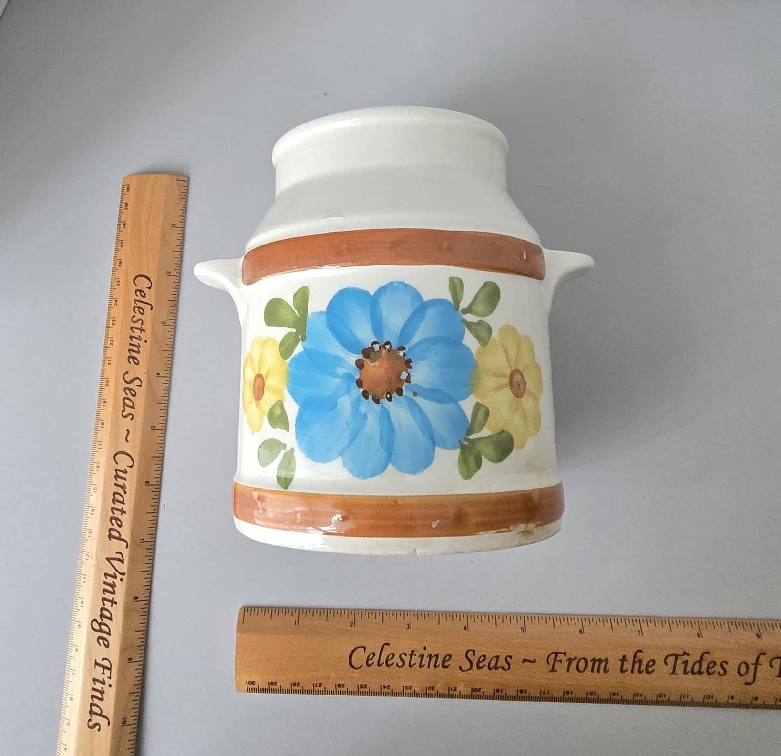 Vintage 1970s FTD Floral Ceramic Canister Portugal Crazing Cottagecore 6" - Thumbnail 5