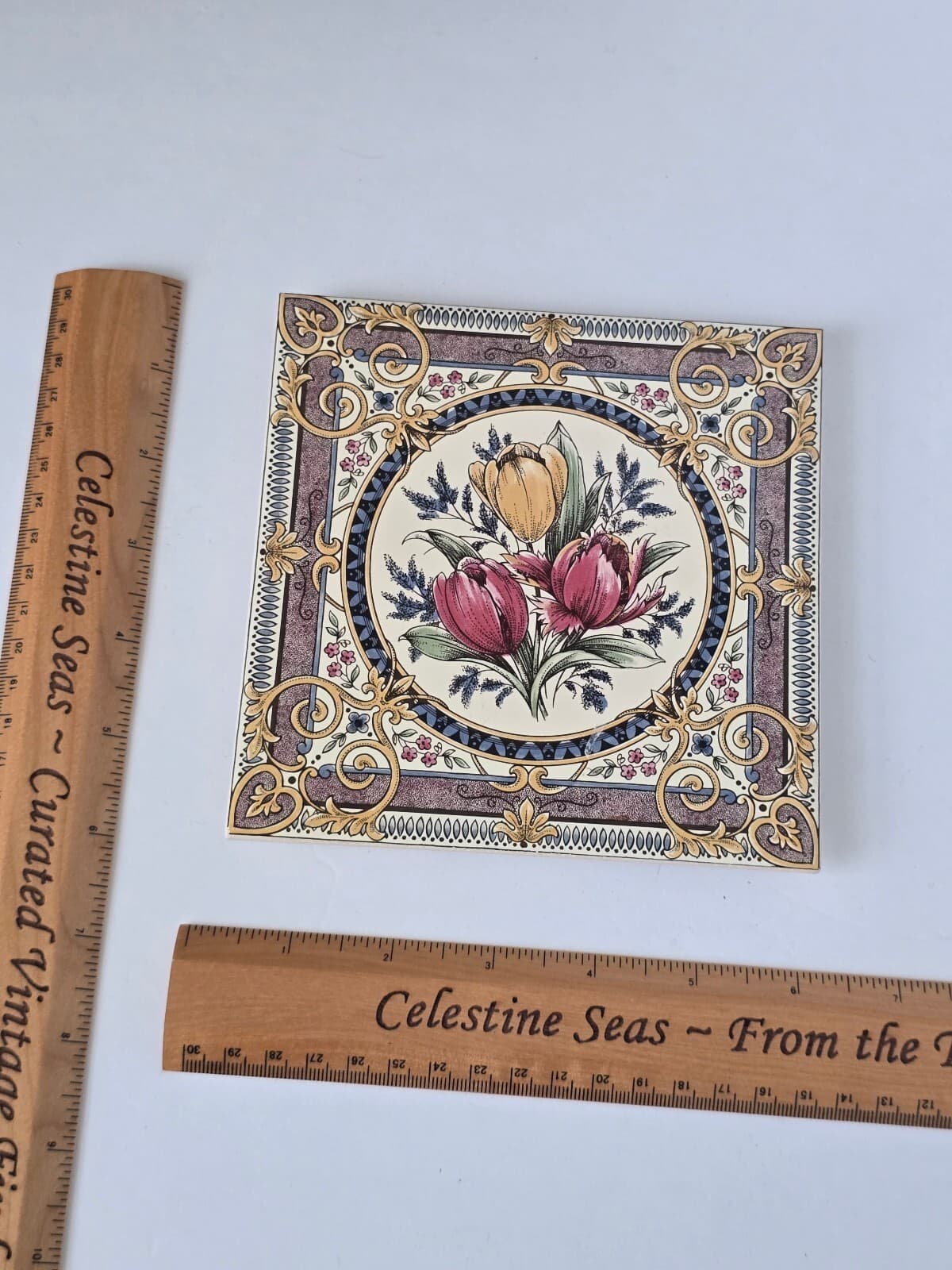 Antique Style Decorative Floral Art Tile Trivet, Ornate Gold/Purple - Thumbnail 3