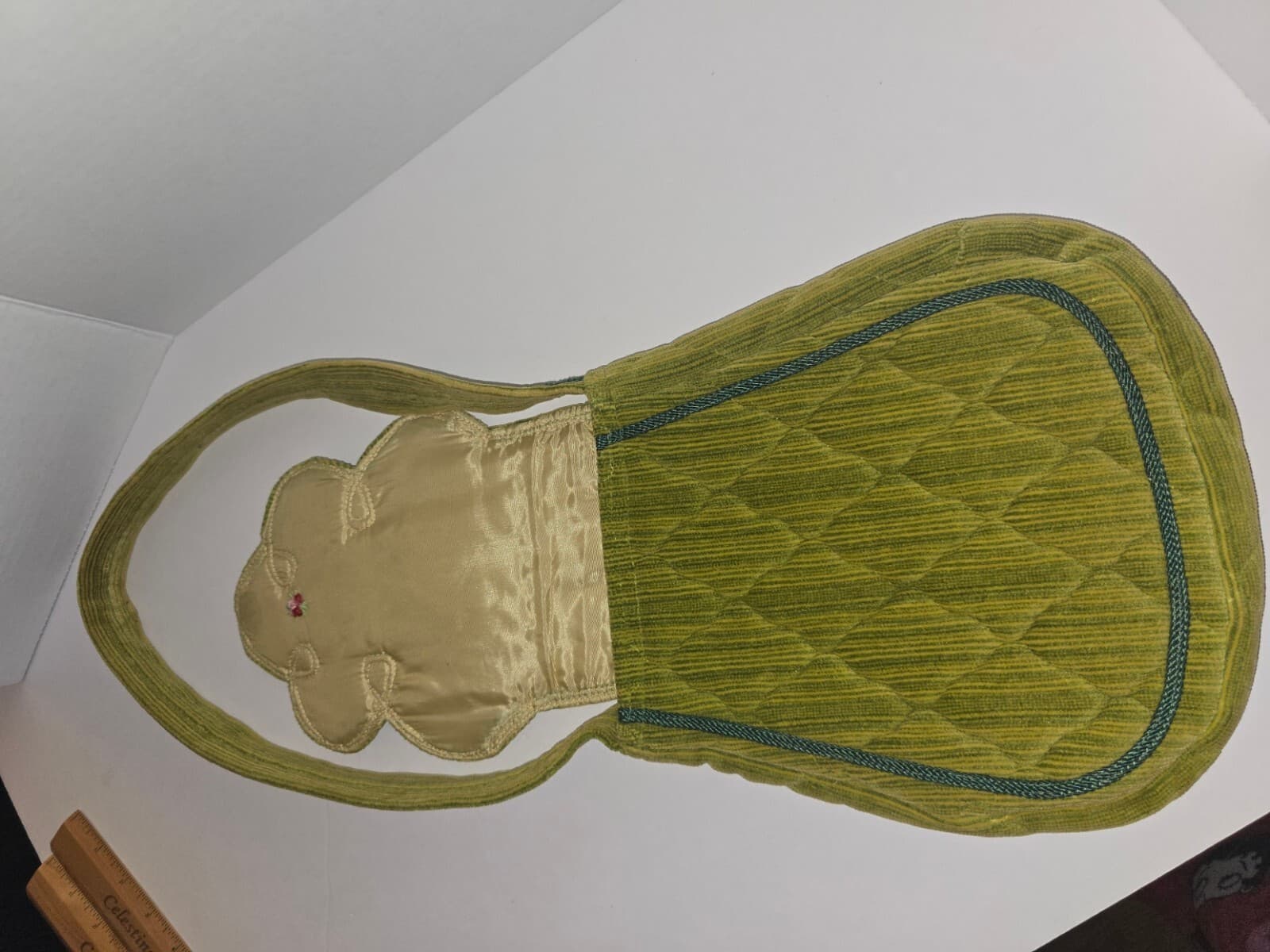 Vintage 70s Quilted Velvet Shoulder Bag Chartreuse Lime Green Soutache Trim Boho - Thumbnail 9