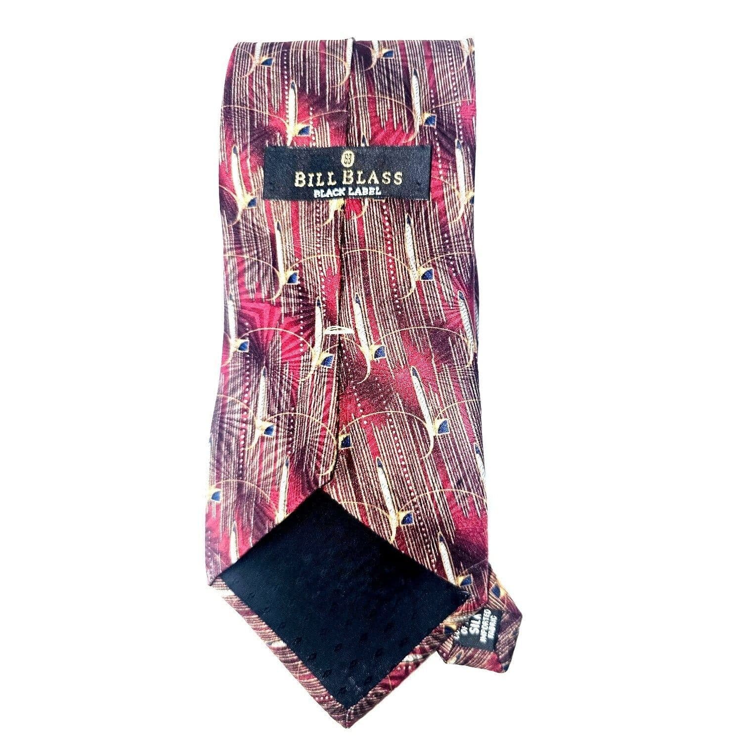 Vintage Bill Blass Black Label Mens Silk Tie Red Gold Abstract Feather Geometric - Thumbnail 3