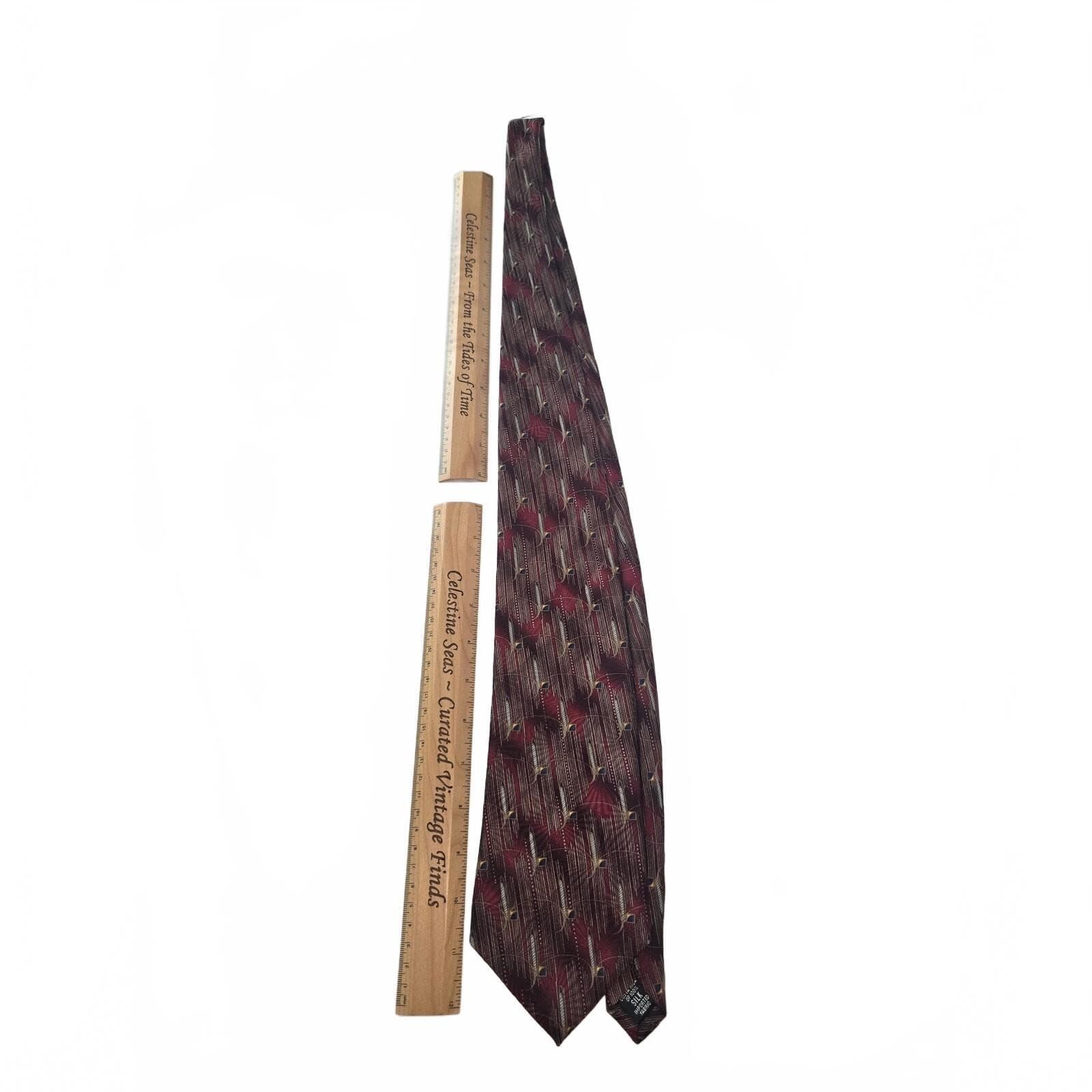 Vintage Bill Blass Black Label Mens Silk Tie Red Gold Abstract Feather Geometric - Thumbnail 2