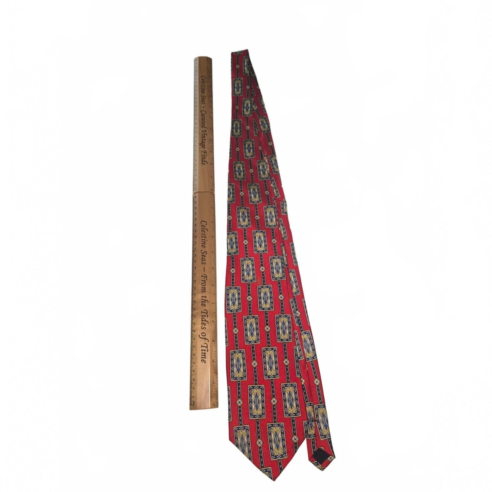 Vintage Rooster Mens Silk Tie Red Teal Blue Geometric Abstract Pattern Necktie - Thumbnail 2