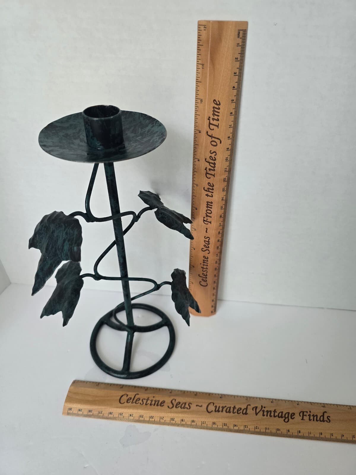 Vintage Style Black/Dark Green Metal Candle Holder with Leaf Design - Thumbnail 7