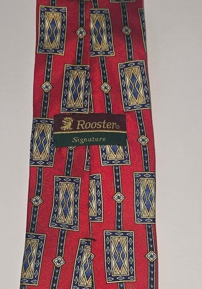Vintage Rooster Mens Silk Tie Red Teal Blue Geometric Abstract Pattern Necktie - Thumbnail 3