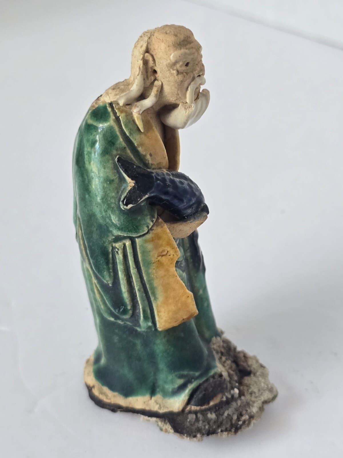 Vintage Shiwan Mudman Figurine - Green Glazed Wise Elder - As-is. Base damaged - Thumbnail 3