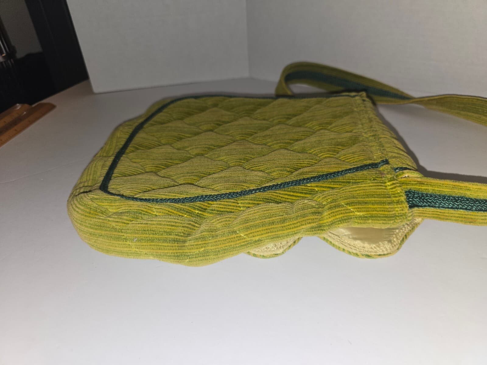 Vintage 70s Quilted Velvet Shoulder Bag Chartreuse Lime Green Soutache Trim Boho - Thumbnail 3