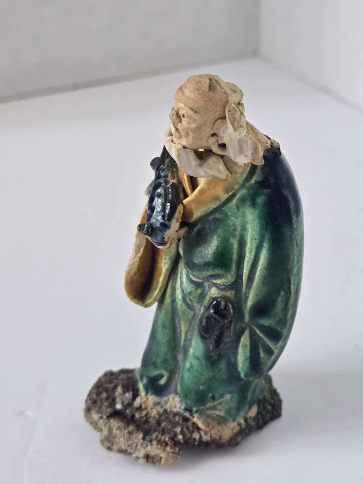 Vintage Shiwan Mudman Figurine - Green Glazed Wise Elder - As-is. Base damaged - Thumbnail 2