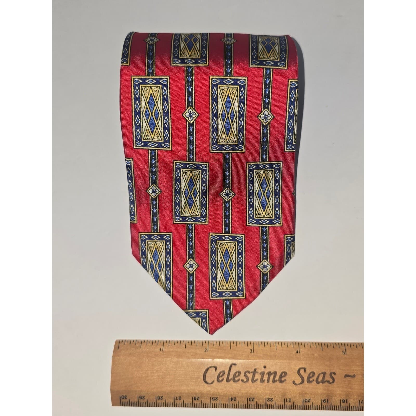 Vintage Rooster Mens Silk Tie Red Teal Blue Geometric Abstract Pattern Necktie - Thumbnail 4