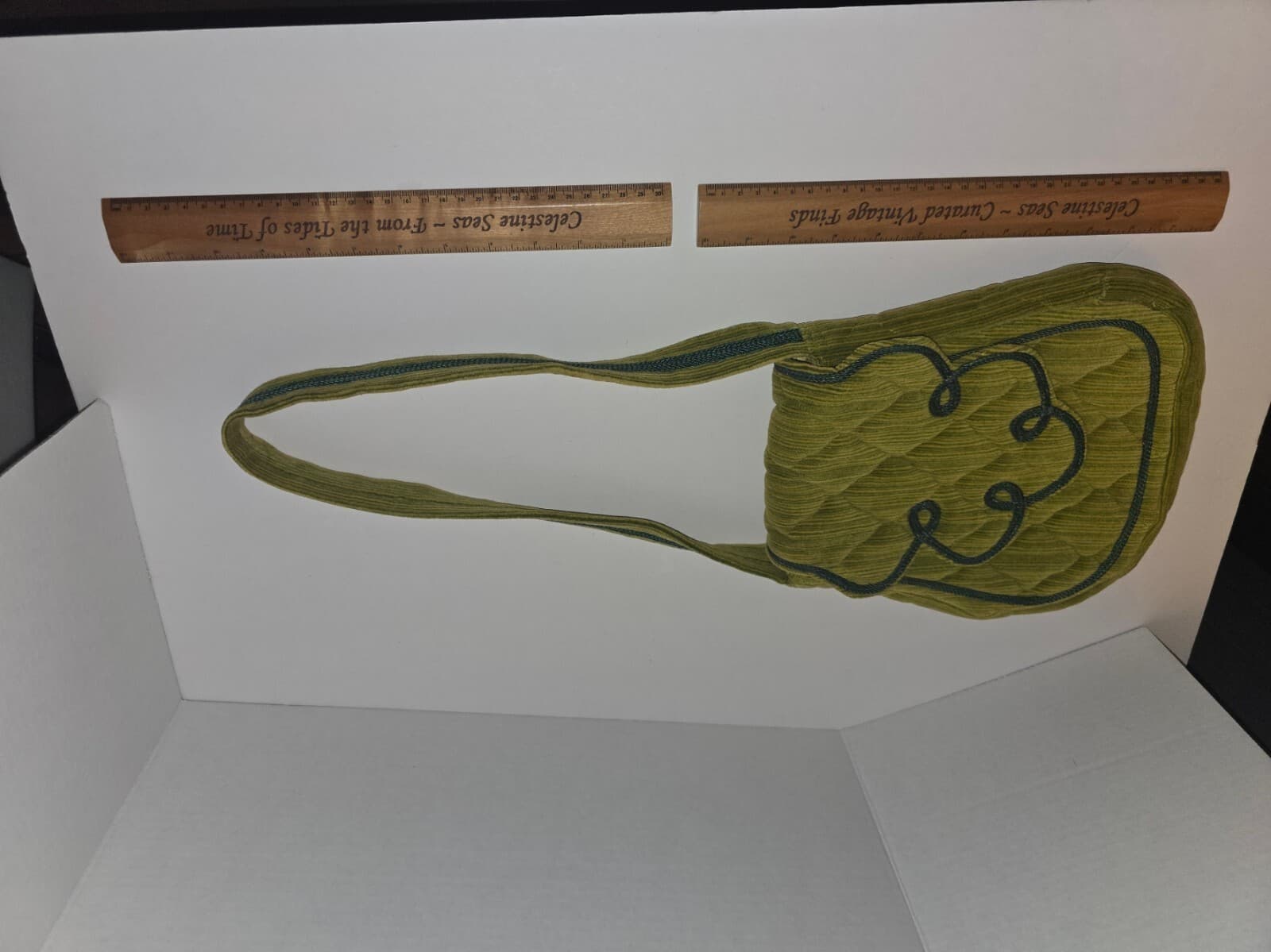 Vintage 70s Quilted Velvet Shoulder Bag Chartreuse Lime Green Soutache Trim Boho - Thumbnail 11