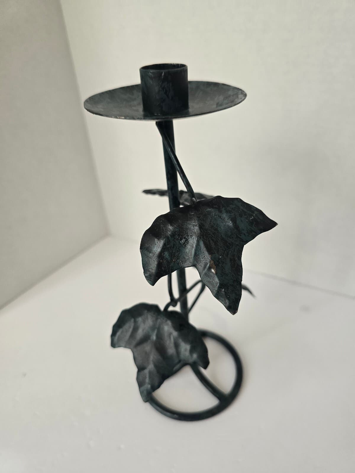 Vintage Style Black/Dark Green Metal Candle Holder with Leaf Design - Thumbnail 2