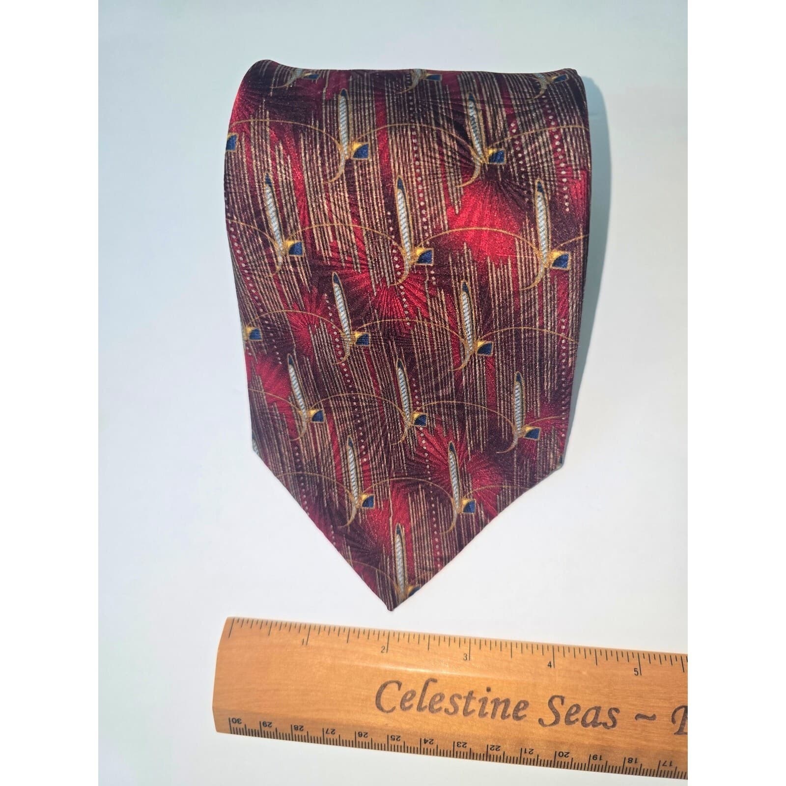 Vintage Bill Blass Black Label Mens Silk Tie Red Gold Abstract Feather Geometric - Thumbnail 4