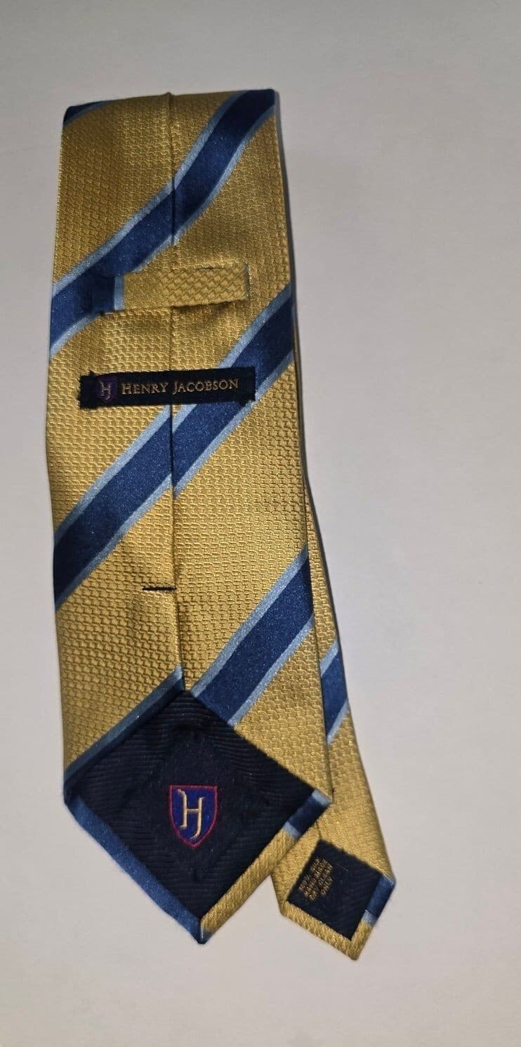 Henry Jacobson Men's Silk Yellow Gold & Blue Striped Classic Repp Necktie - Thumbnail 4