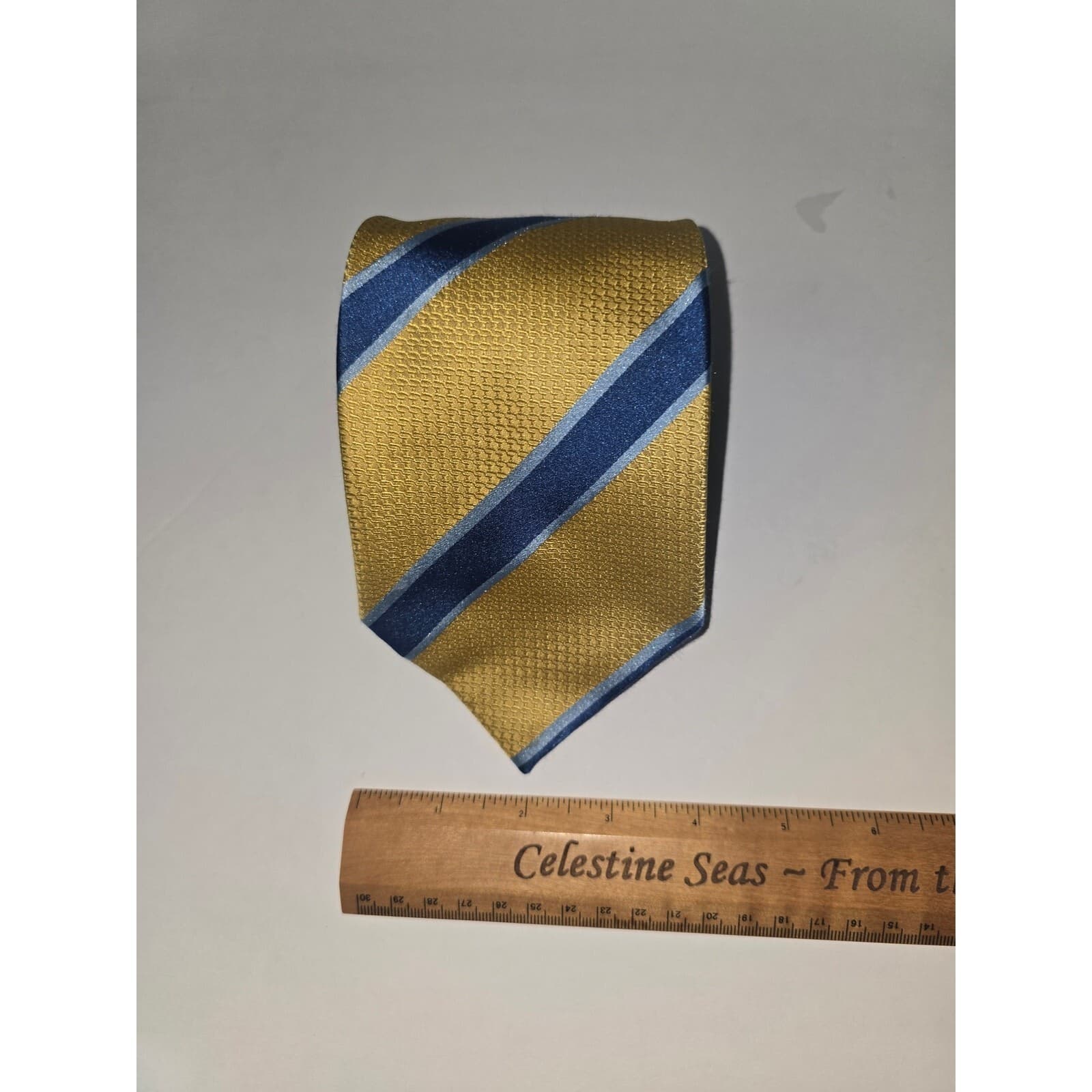 Henry Jacobson Men's Silk Yellow Gold & Blue Striped Classic Repp Necktie - Thumbnail 5