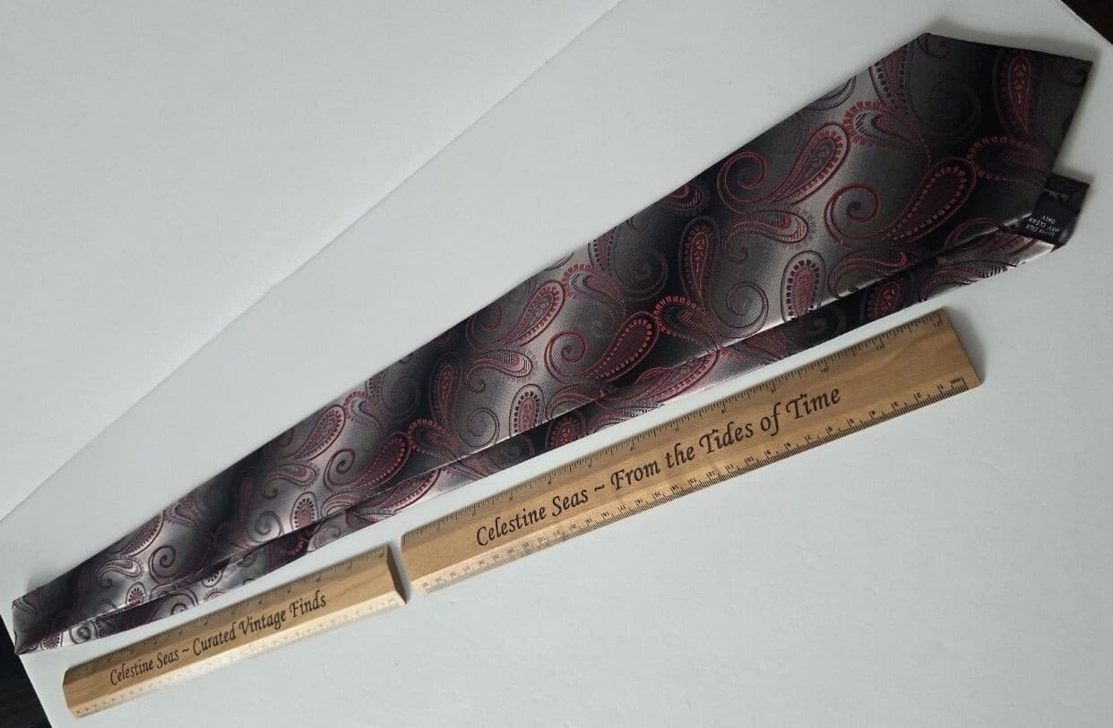 Vintage 100% Silk Charcoal Grey Red Silver Hand Made Retro Paisley Mens Necktie - Thumbnail 2