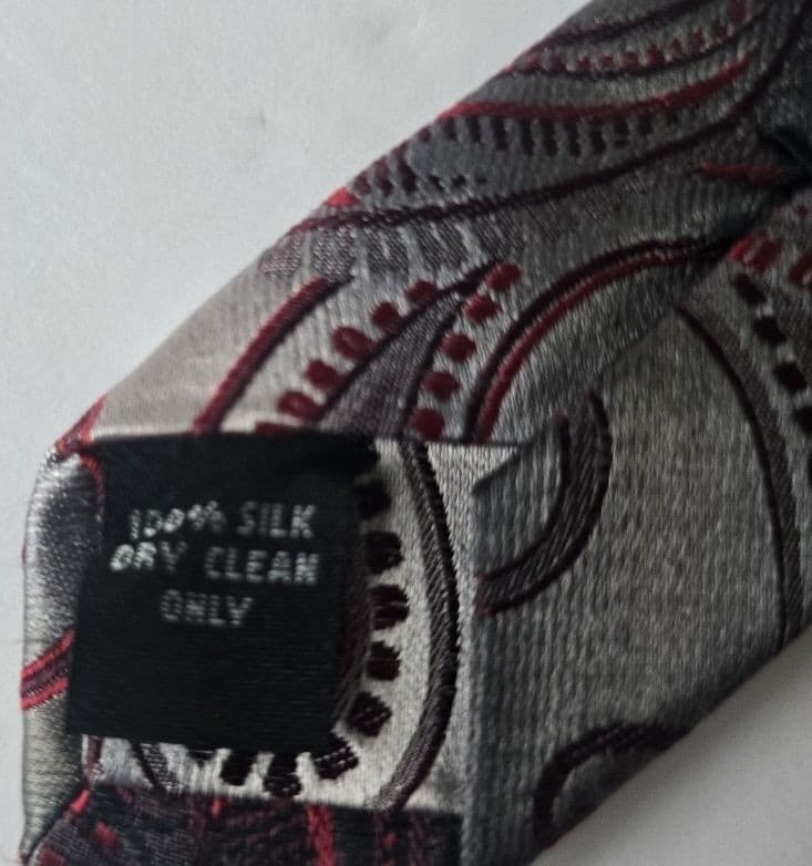 Vintage 100% Silk Charcoal Grey Red Silver Hand Made Retro Paisley Mens Necktie - Thumbnail 4