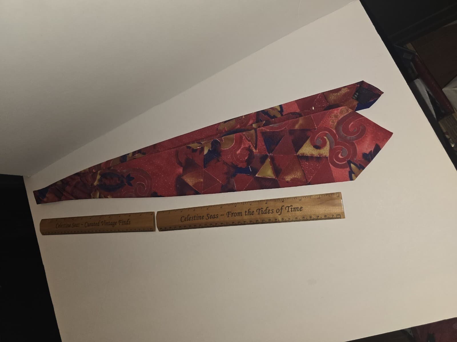 Vintage Oleg Cassini Silk Tie 90s Abstract Geometric Art Deco Swirl Bold RedGold - Thumbnail 2