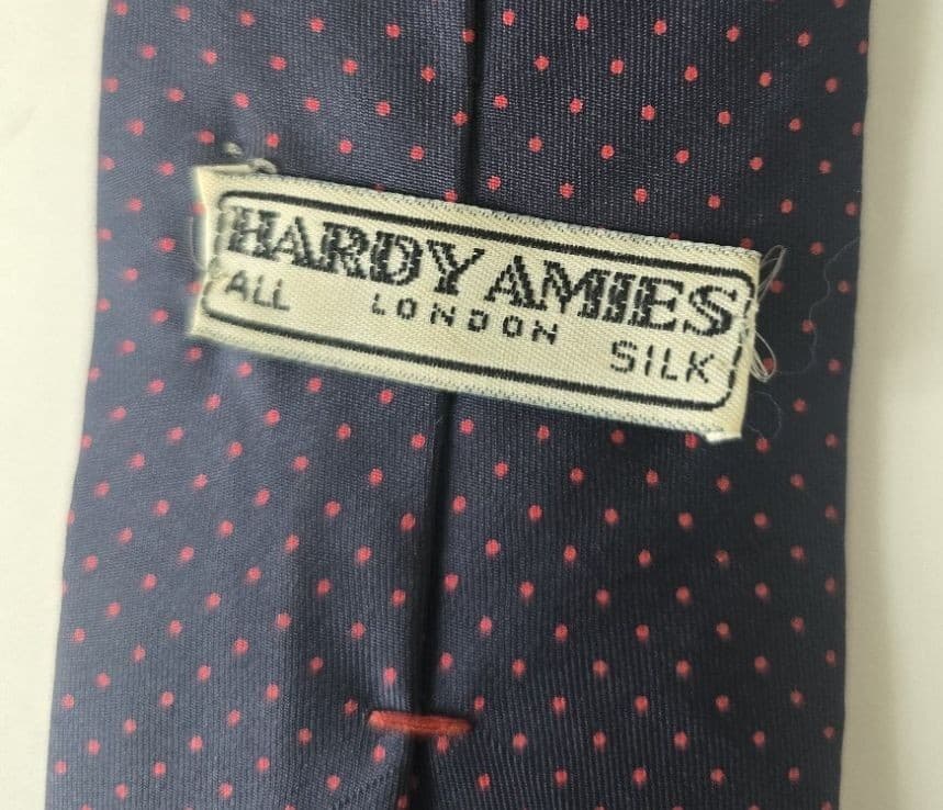 Vintage Hardy Amies London Silk Necktie Navy Blue Pink Polka Dot Mens Tie - Thumbnail 3
