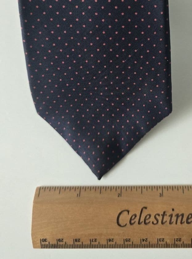 Vintage Hardy Amies London Silk Necktie Navy Blue Pink Polka Dot Mens Tie - Thumbnail 4