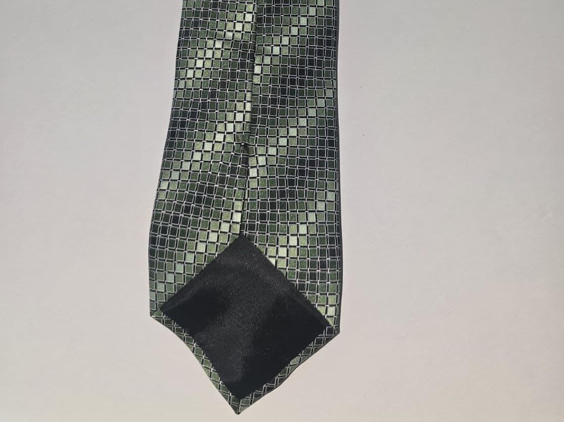 Vintage Stafford Performance Silk Green Grey Micro Grid Geometric Mens Necktie - Thumbnail 3