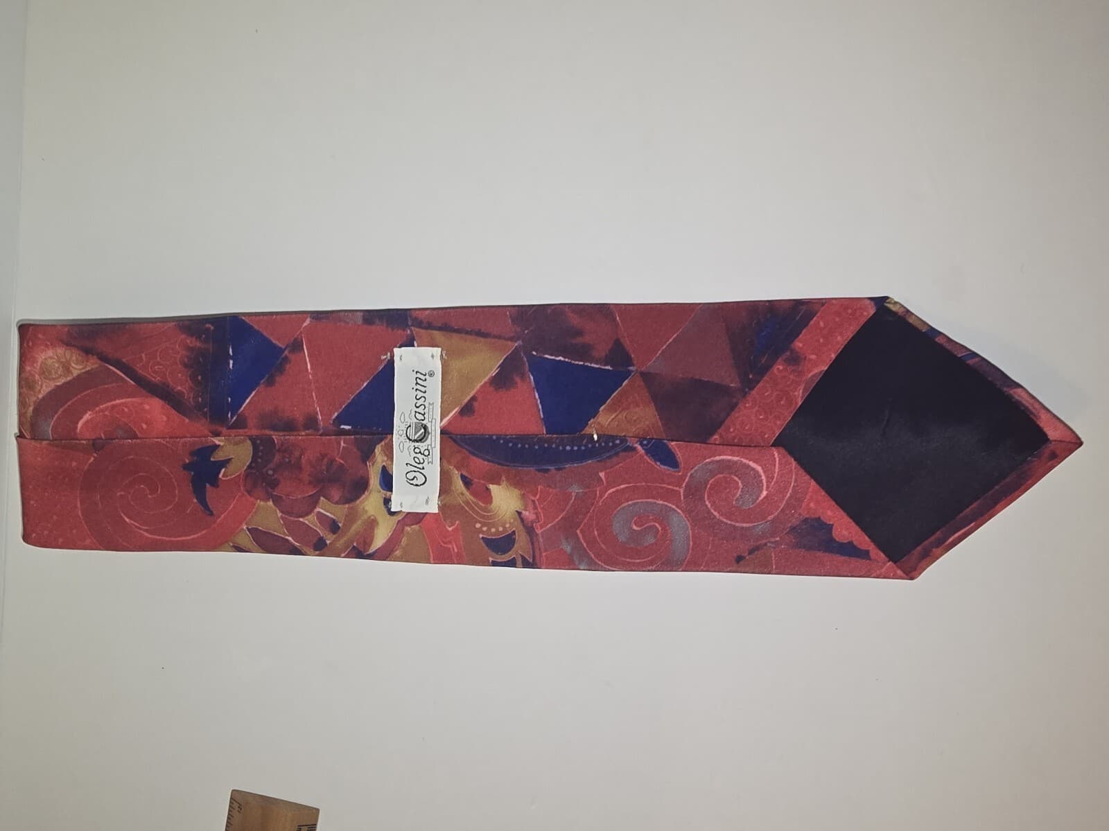 Vintage Oleg Cassini Silk Tie 90s Abstract Geometric Art Deco Swirl Bold RedGold - Thumbnail 3