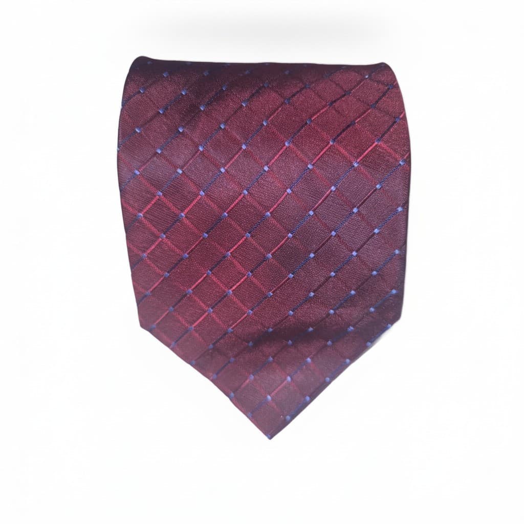 Valerio Garati Hand Made Pure Silk Tie Burgundy Red Blue Grid Pattern Geometric - Thumbnail 5