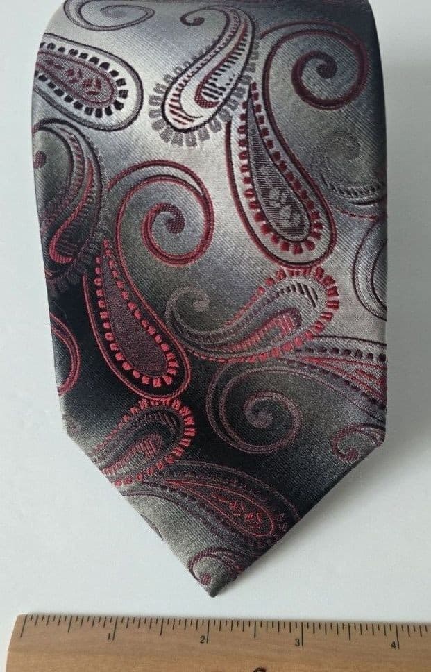 Vintage 100% Silk Charcoal Grey Red Silver Hand Made Retro Paisley Mens Necktie - Thumbnail 6