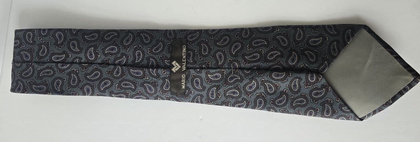 Vintage Mario Valentino Silk Tie Grey Charcoal Paisley Pattern Mens Necktie - Thumbnail 3