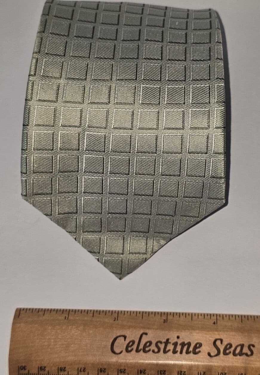 Vintage Pierre Cardin 100% Silk 90s Geometric Retro Tie Sage Green Grey 4" Wide - Thumbnail 5