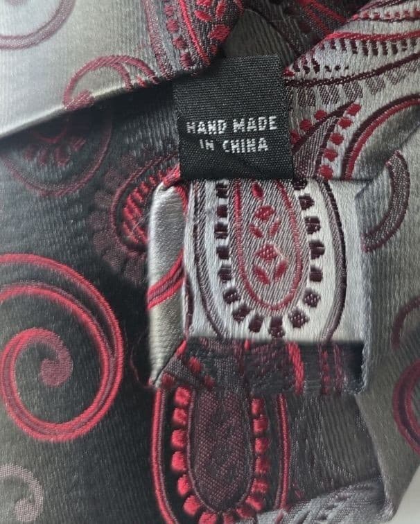 Vintage 100% Silk Charcoal Grey Red Silver Hand Made Retro Paisley Mens Necktie - Thumbnail 5