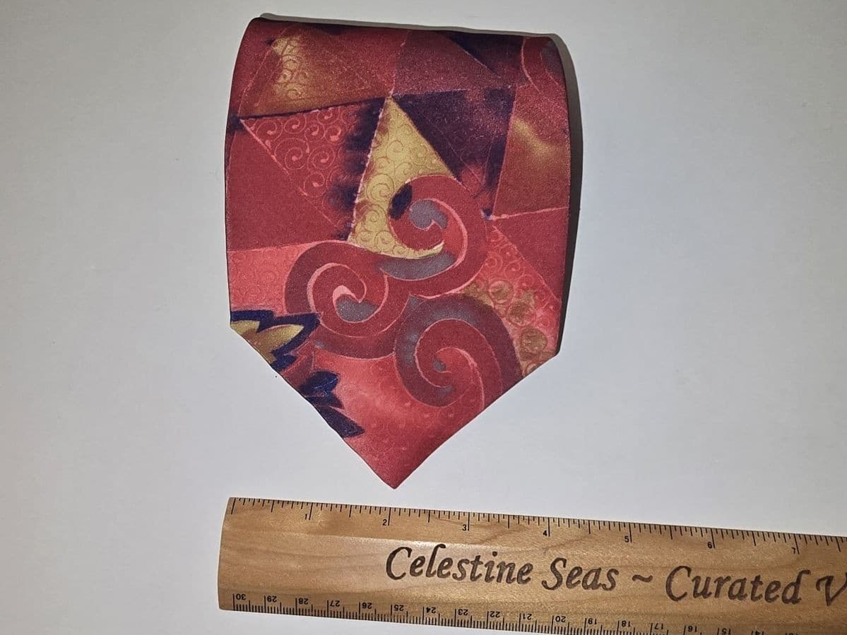 Vintage Oleg Cassini Silk Tie 90s Abstract Geometric Art Deco Swirl Bold RedGold - Thumbnail 6