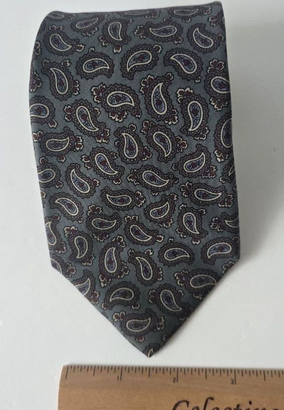 Vintage Mario Valentino Silk Tie Grey Charcoal Paisley Pattern Mens Necktie - Thumbnail 6