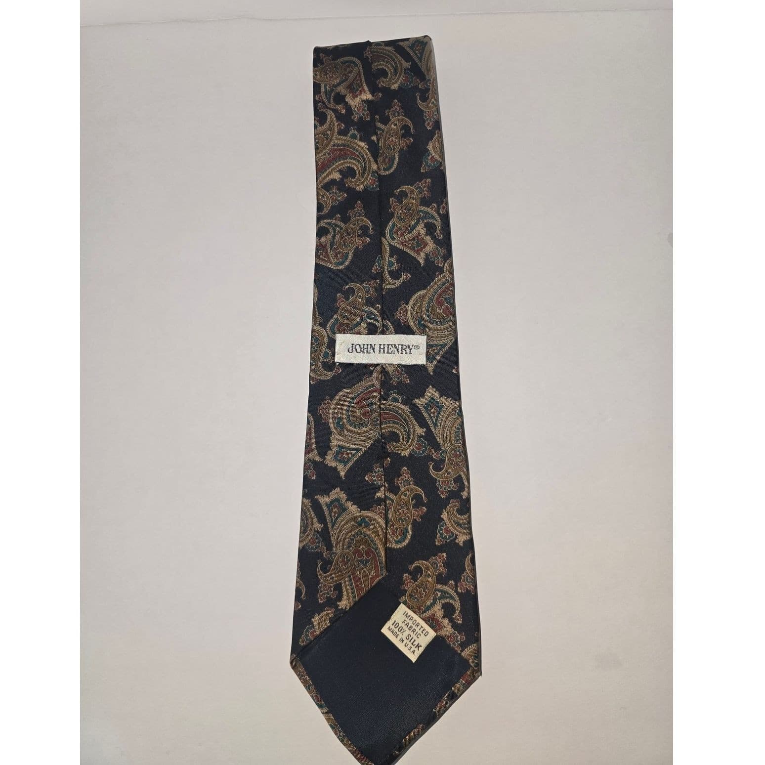 John Henry Mens Silk Tie Black Navy Gold Paisley Classic Vintage Pattern Necktie - Thumbnail 3