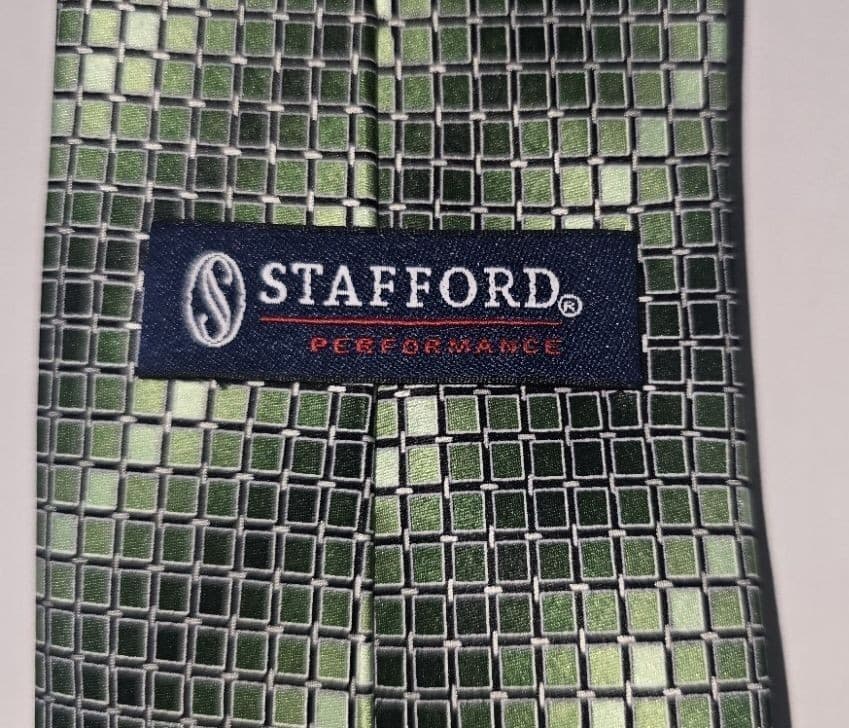 Vintage Stafford Performance Silk Green Grey Micro Grid Geometric Mens Necktie - Thumbnail 4