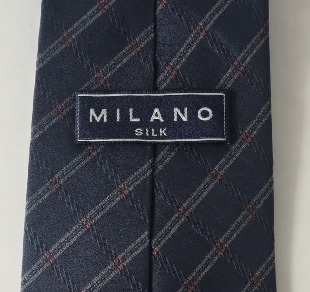Vintage Milano Silk Tie Navy Blue Diagonal Repp Stripe Red Silver Mens Necktie - Thumbnail 3