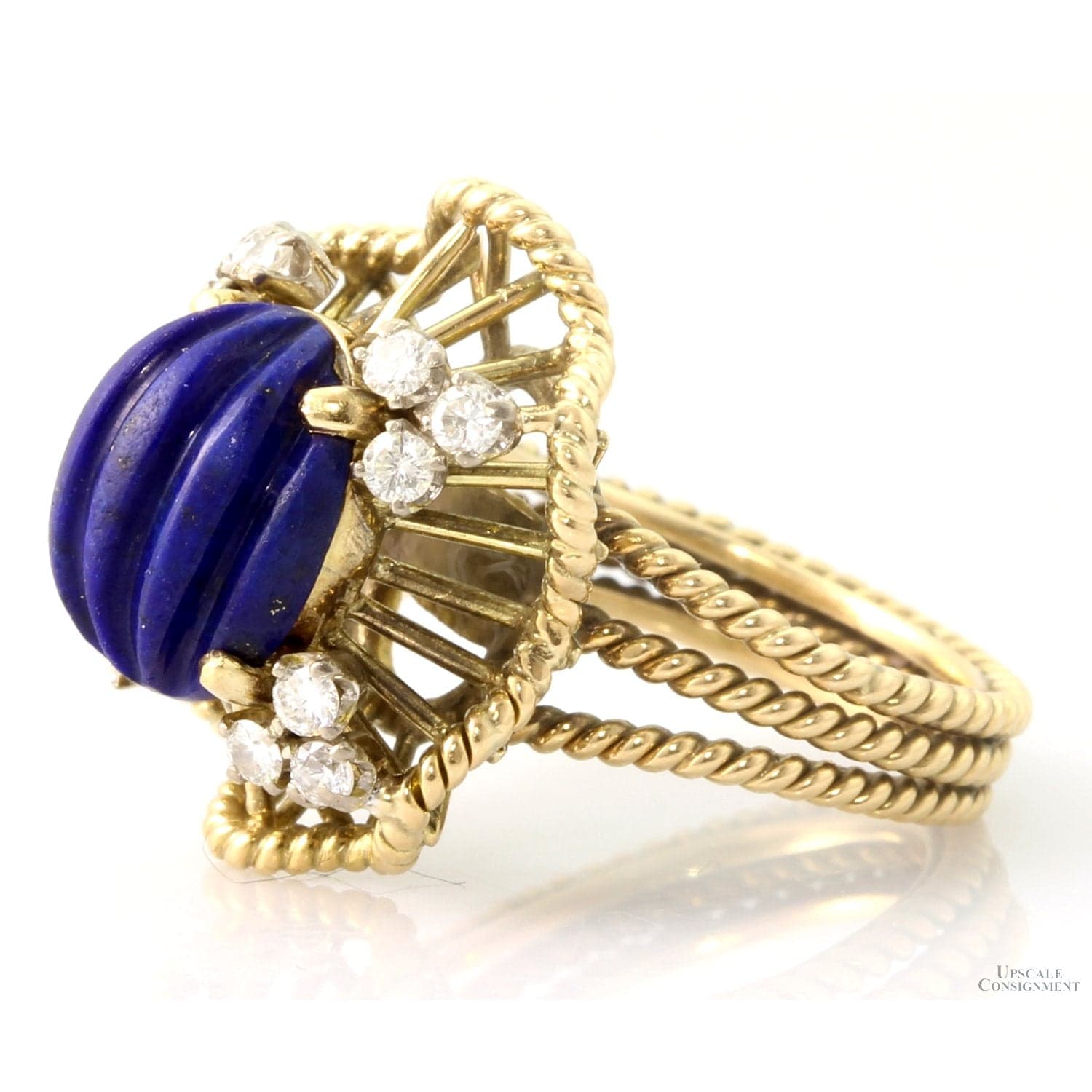Vintage 14K Gold Carved Lapis Lazuli & Diamond Cocktail Ring - Size 6.5 - Thumbnail 2