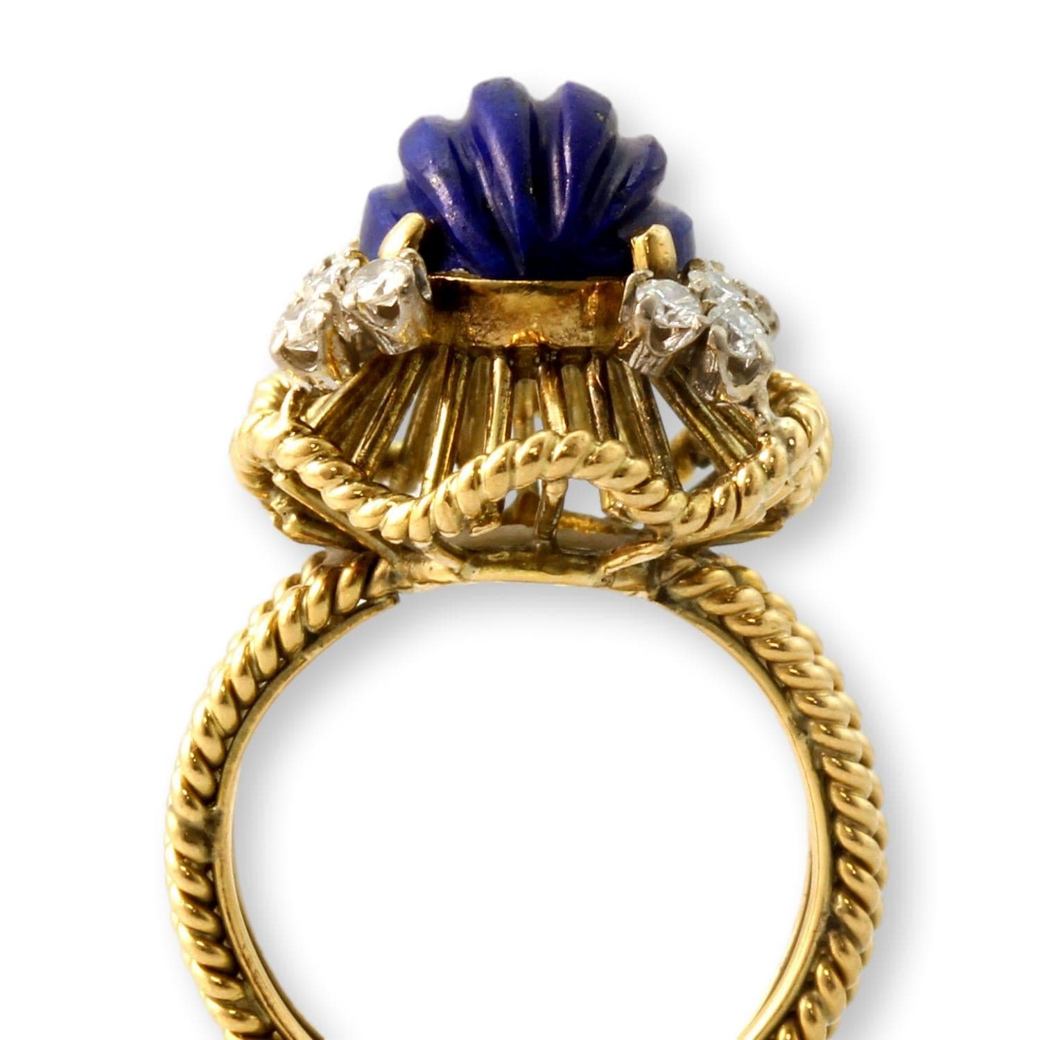 Vintage 14K Gold Carved Lapis Lazuli & Diamond Cocktail Ring - Size 6.5 - Thumbnail 3