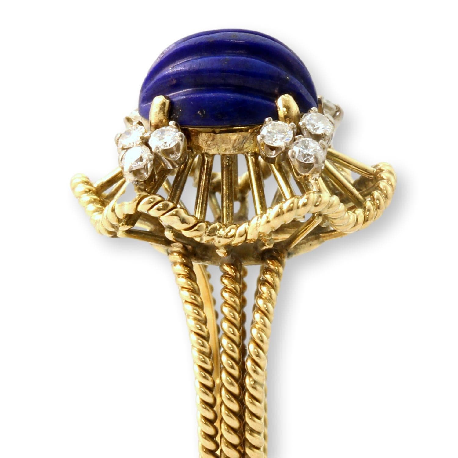 Vintage 14K Gold Carved Lapis Lazuli & Diamond Cocktail Ring - Size 6.5 - Thumbnail 4