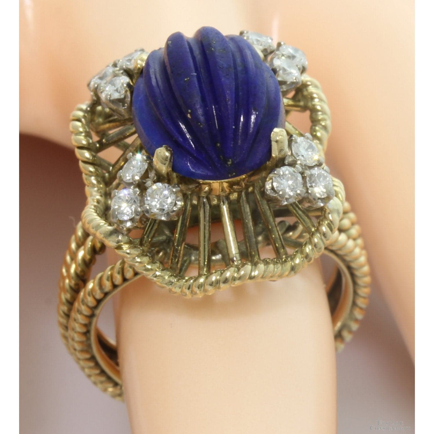 Vintage 14K Gold Carved Lapis Lazuli & Diamond Cocktail Ring - Size 6.5 - Thumbnail 6