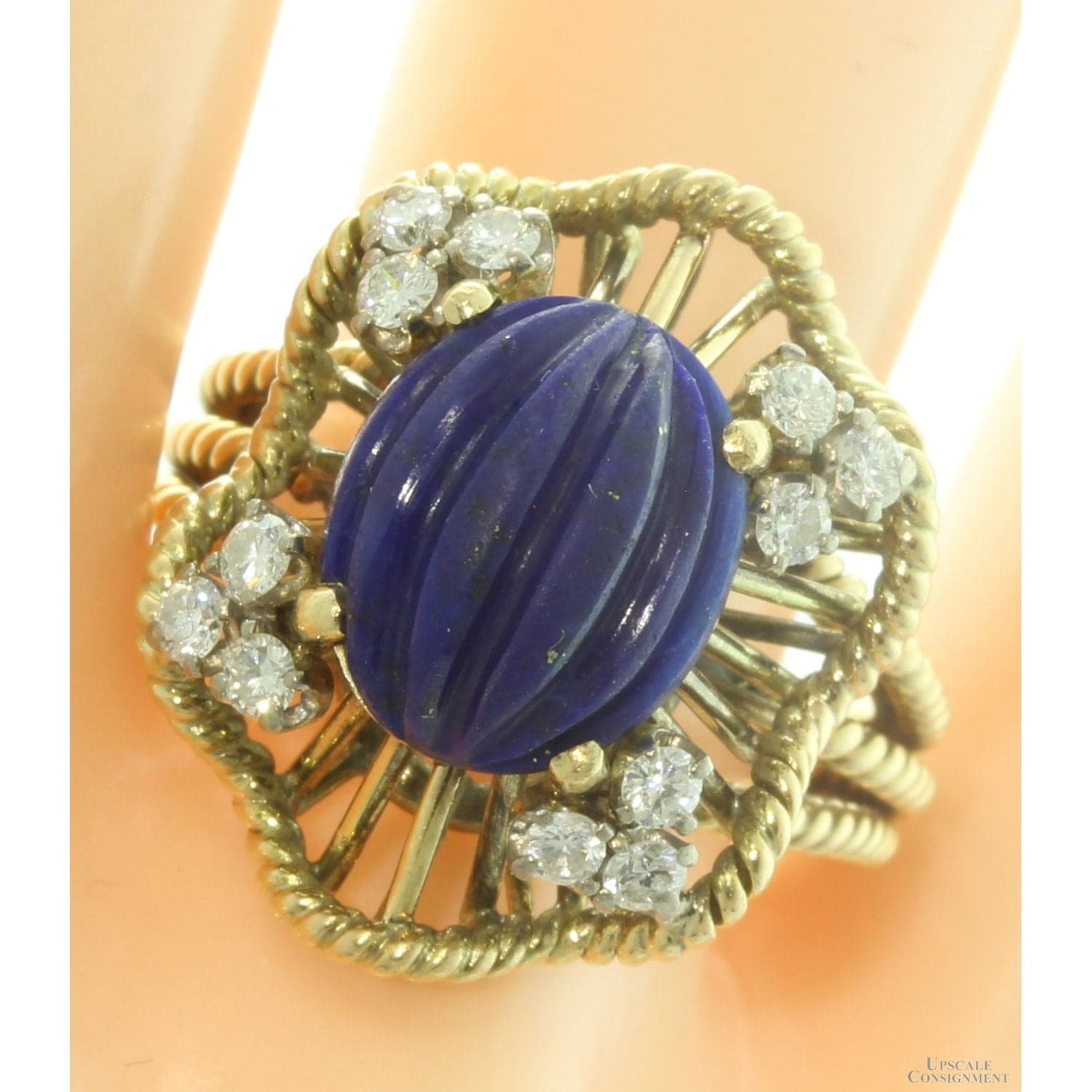 Vintage 14K Gold Carved Lapis Lazuli & Diamond Cocktail Ring - Size 6.5 - Thumbnail 5