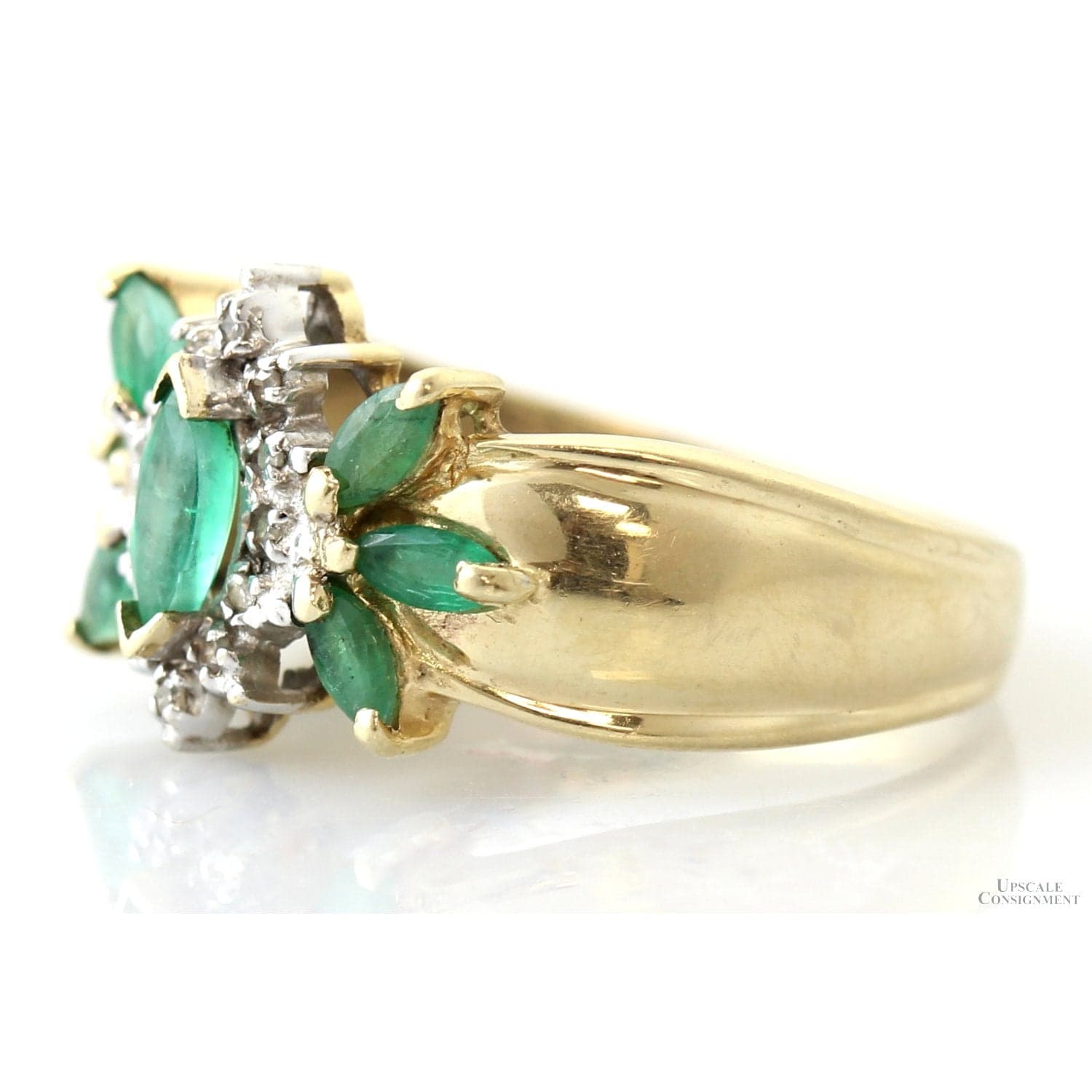 10K Gold Natural Emerald & Diamond Floral Cluster Ring - Size 7.75 - Thumbnail 3