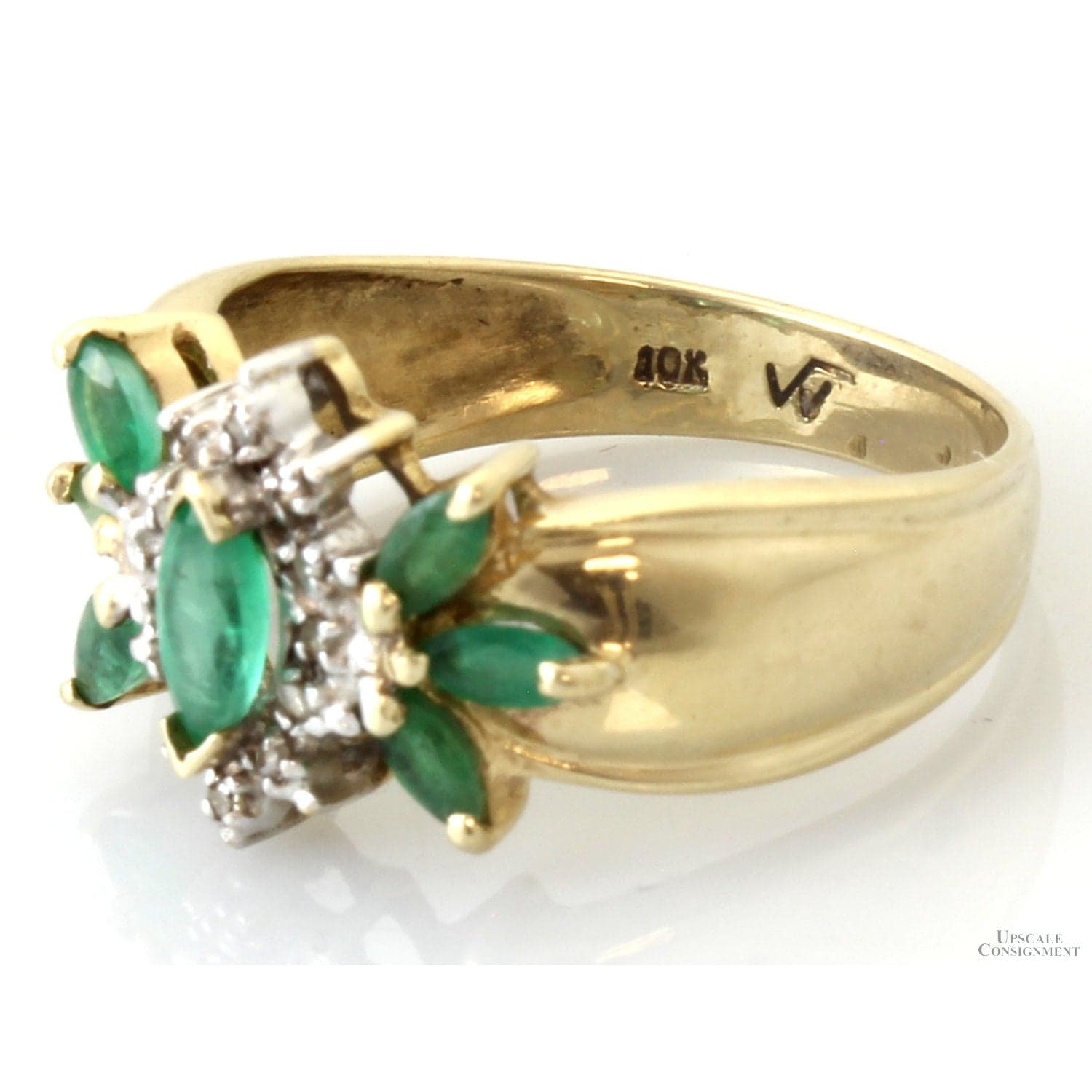 10K Gold Natural Emerald & Diamond Floral Cluster Ring - Size 7.75 - Thumbnail 5