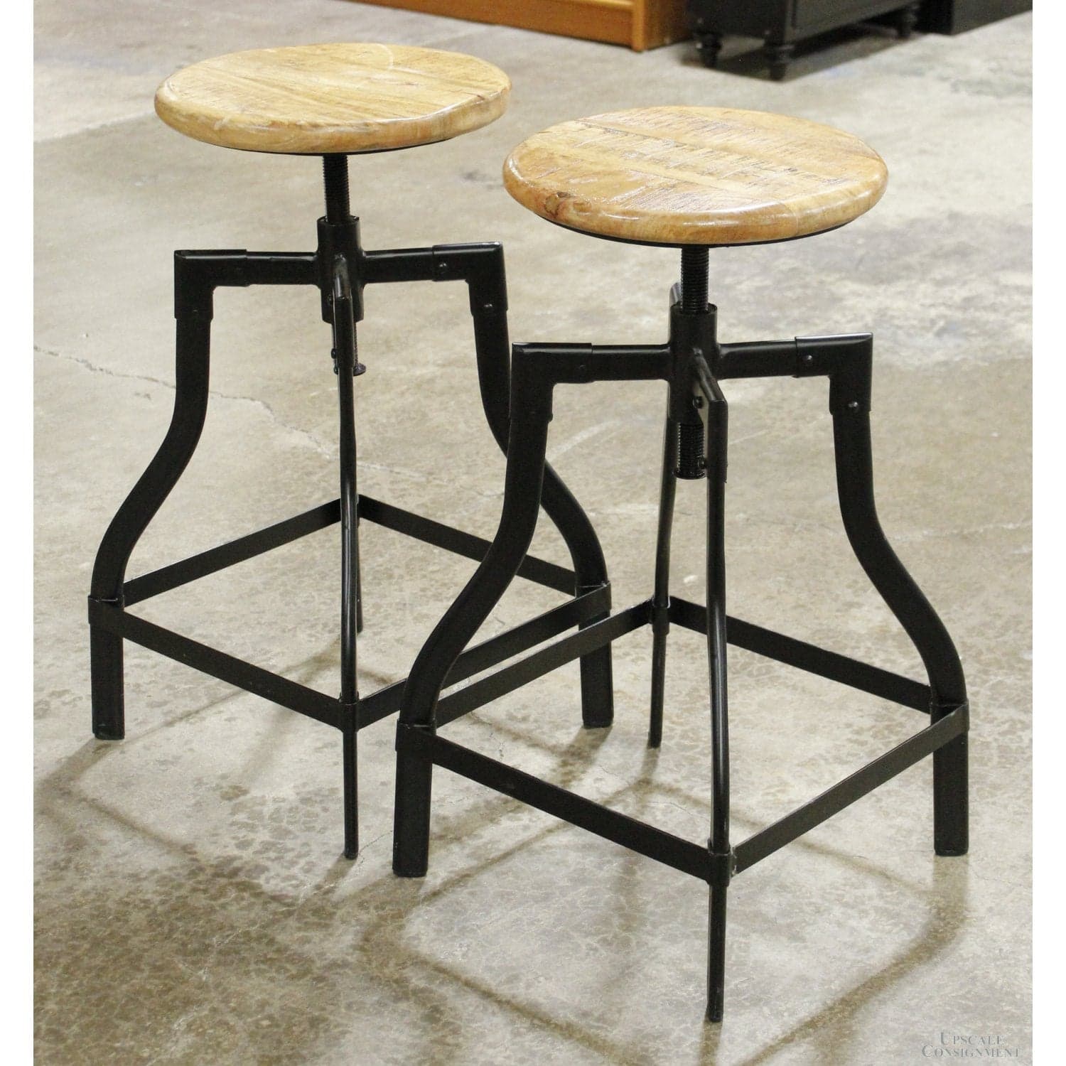 Pair of Adjustable Height Wood & Iron Stools - Thumbnail 3