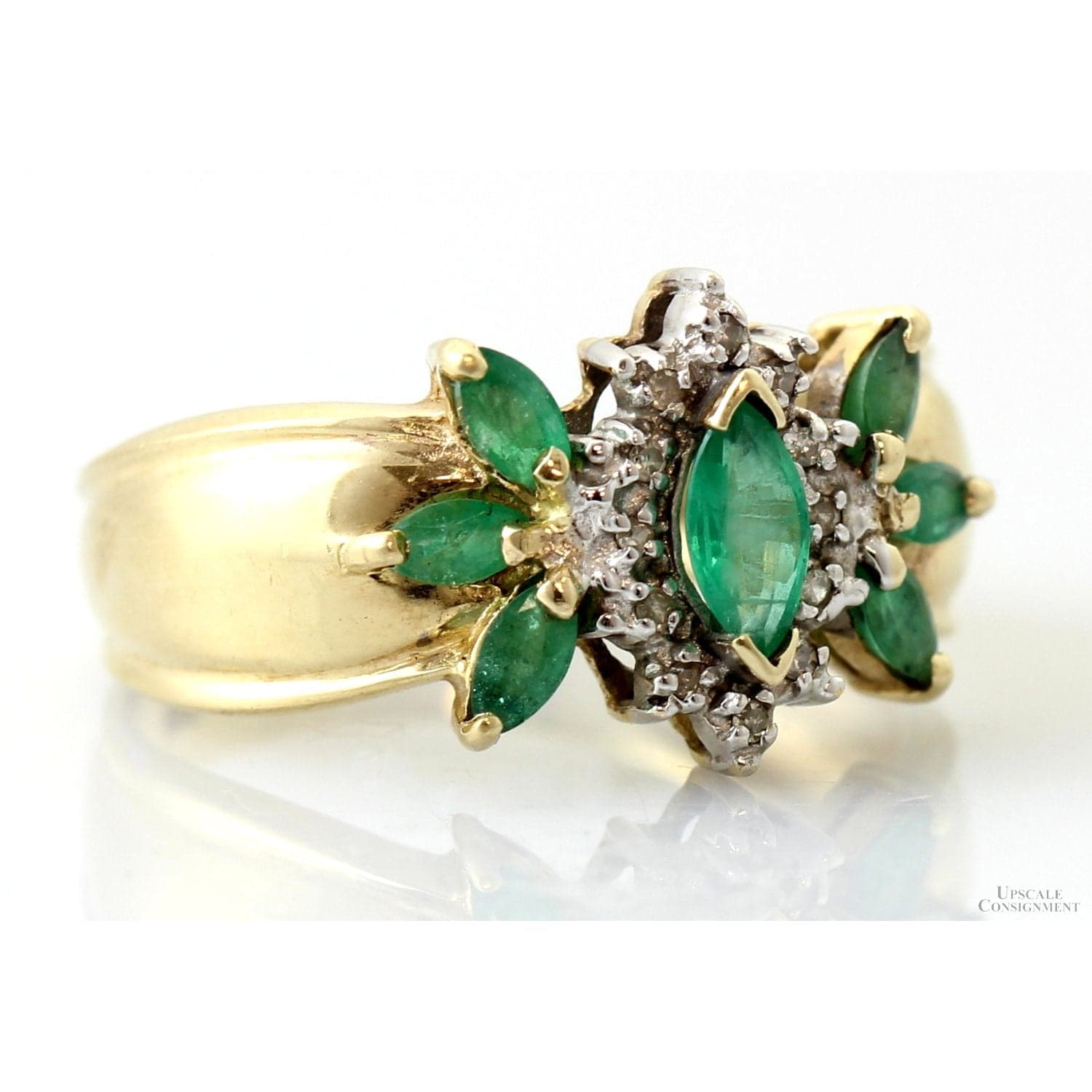 10K Gold Natural Emerald & Diamond Floral Cluster Ring - Size 7.75 - Thumbnail 2