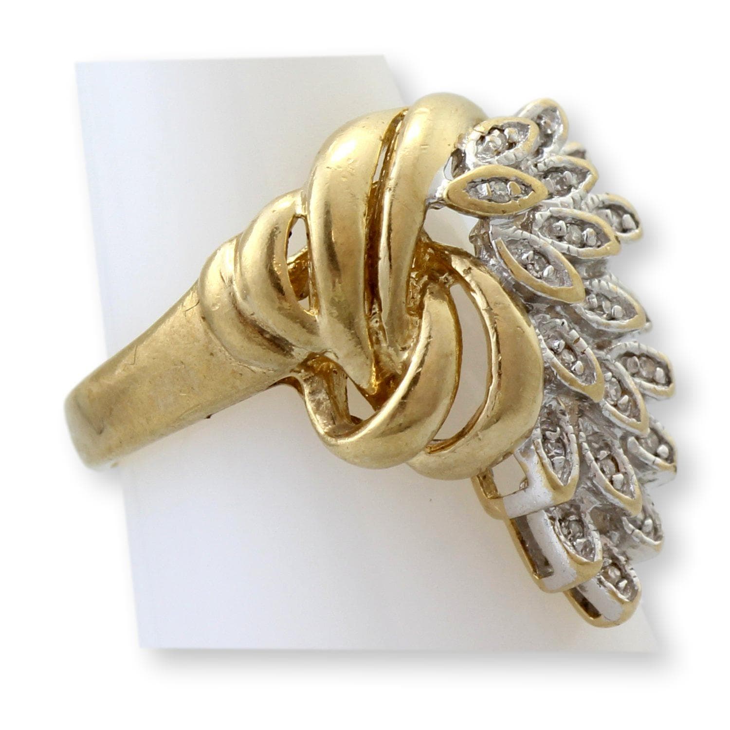 Vintage 10K Gold Diamond Leaf & Ribbon Ring | Nature Inspired Estate Diamond Ring - Size 4 - Thumbnail 2