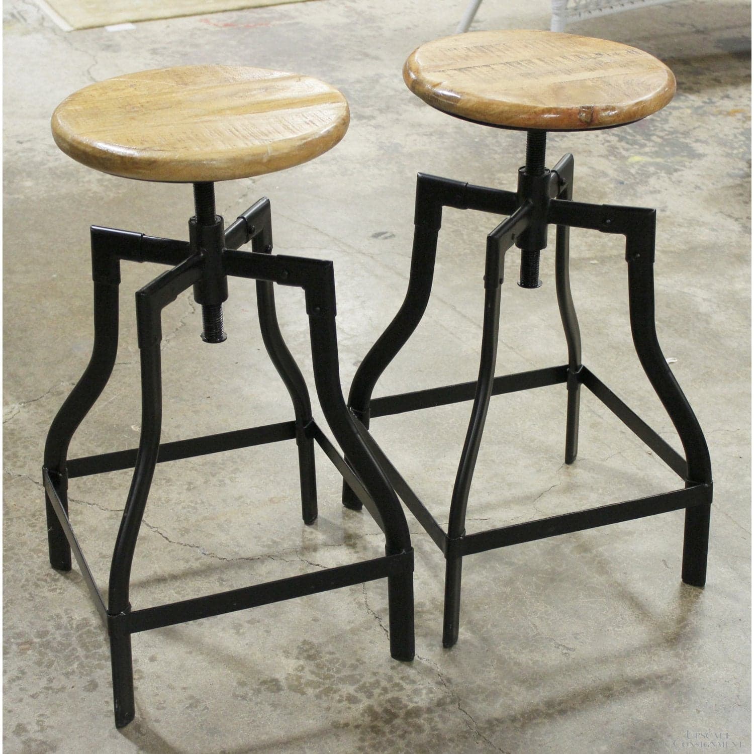 Pair of Adjustable Height Wood & Iron Stools - Thumbnail 2