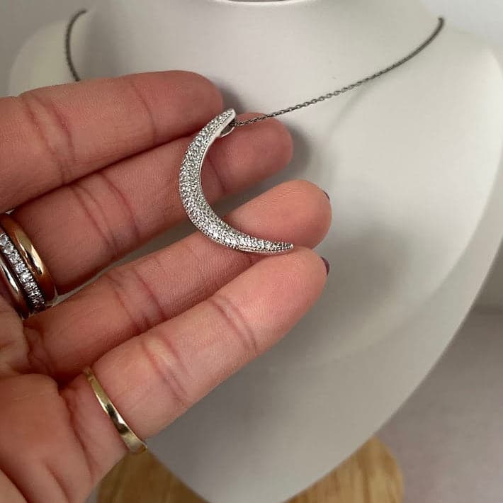 Sterling Silver Crescent Moon Pavé Pendant - Thumbnail 9