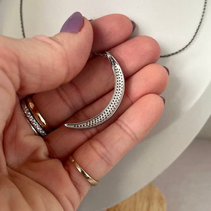 Sterling Silver Crescent Moon Pavé Pendant - Thumbnail 6
