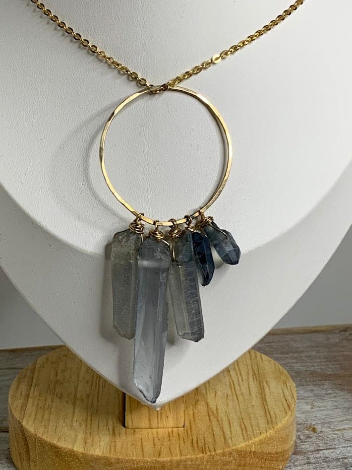 14K Gold Aura Quartz Crystal Pendant | Five Aura Quartz Points - Thumbnail 5