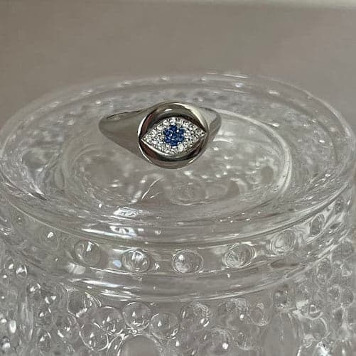 Sterling Silver Evil Eye Signet Ring | Blue & White CZ | Size 8 - Thumbnail 4