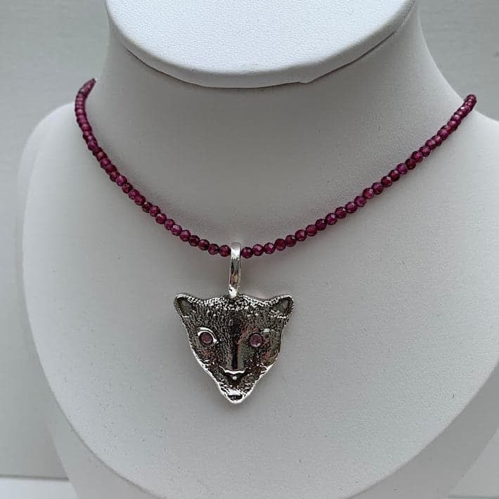 Handmade .999 Fine Silver Jaguar Pendant | Pink CZ Eyes - Thumbnail 2